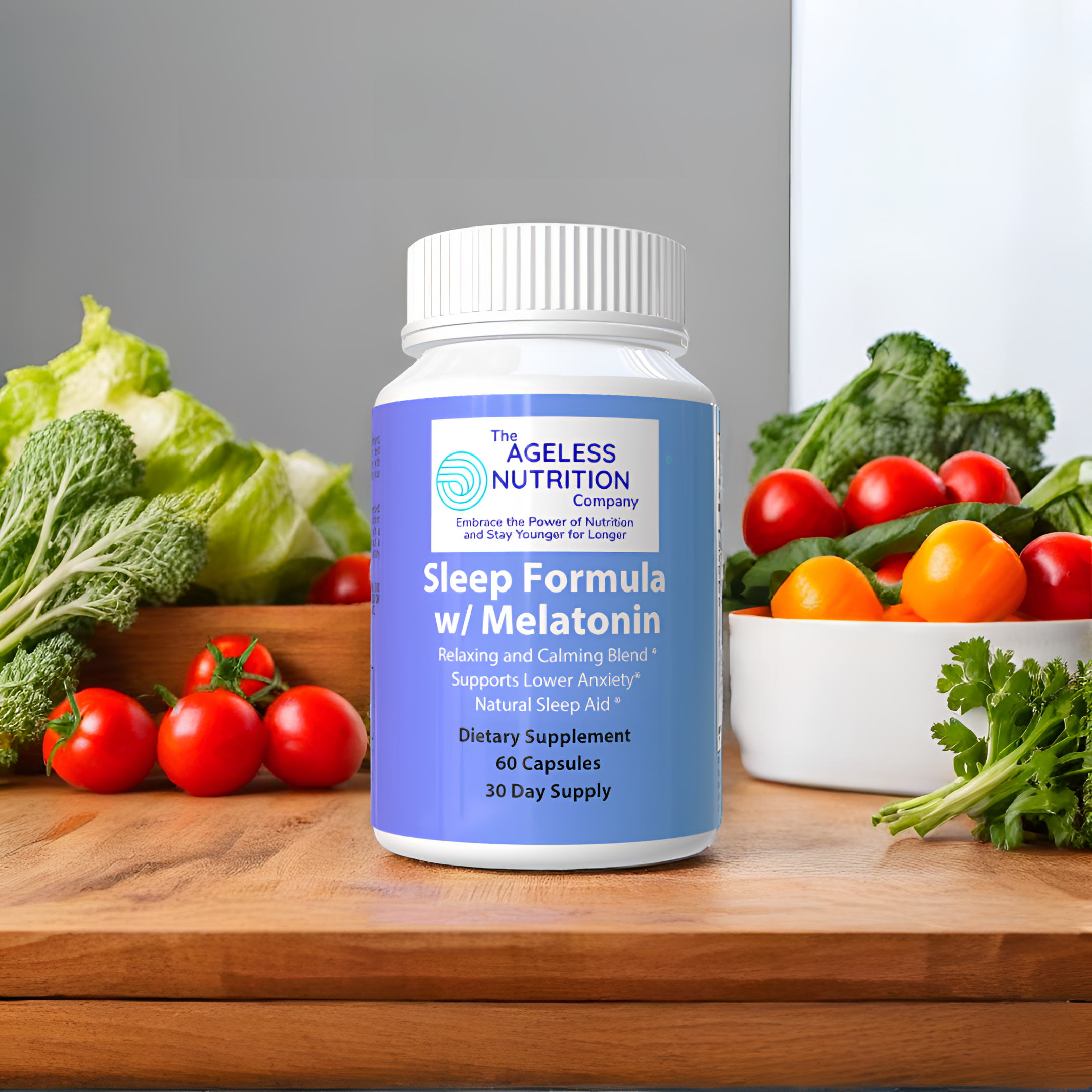 Sleep Supplement For Older Adults featuring Ageless Sleep Formula with Melatonin for natural sleep aid and relaxation.